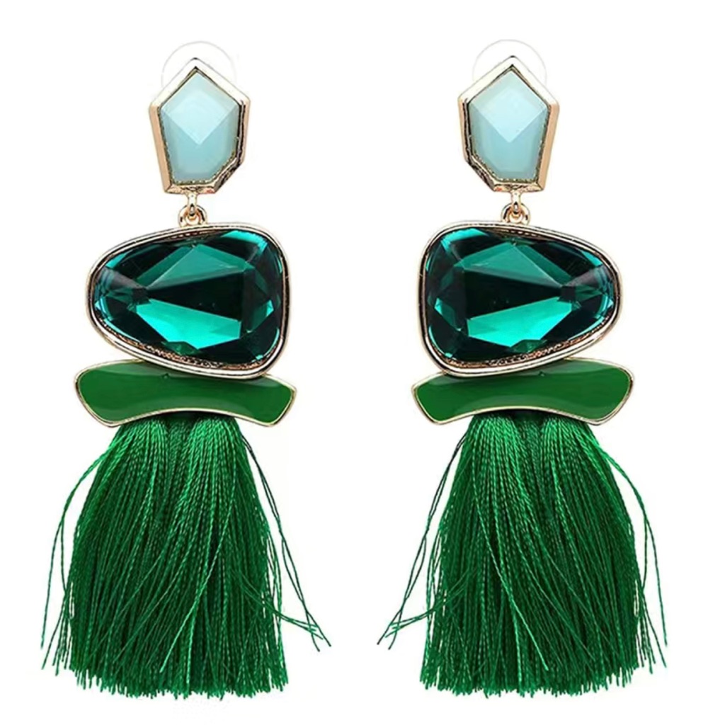 Green Gems Boho Tassel Earrings